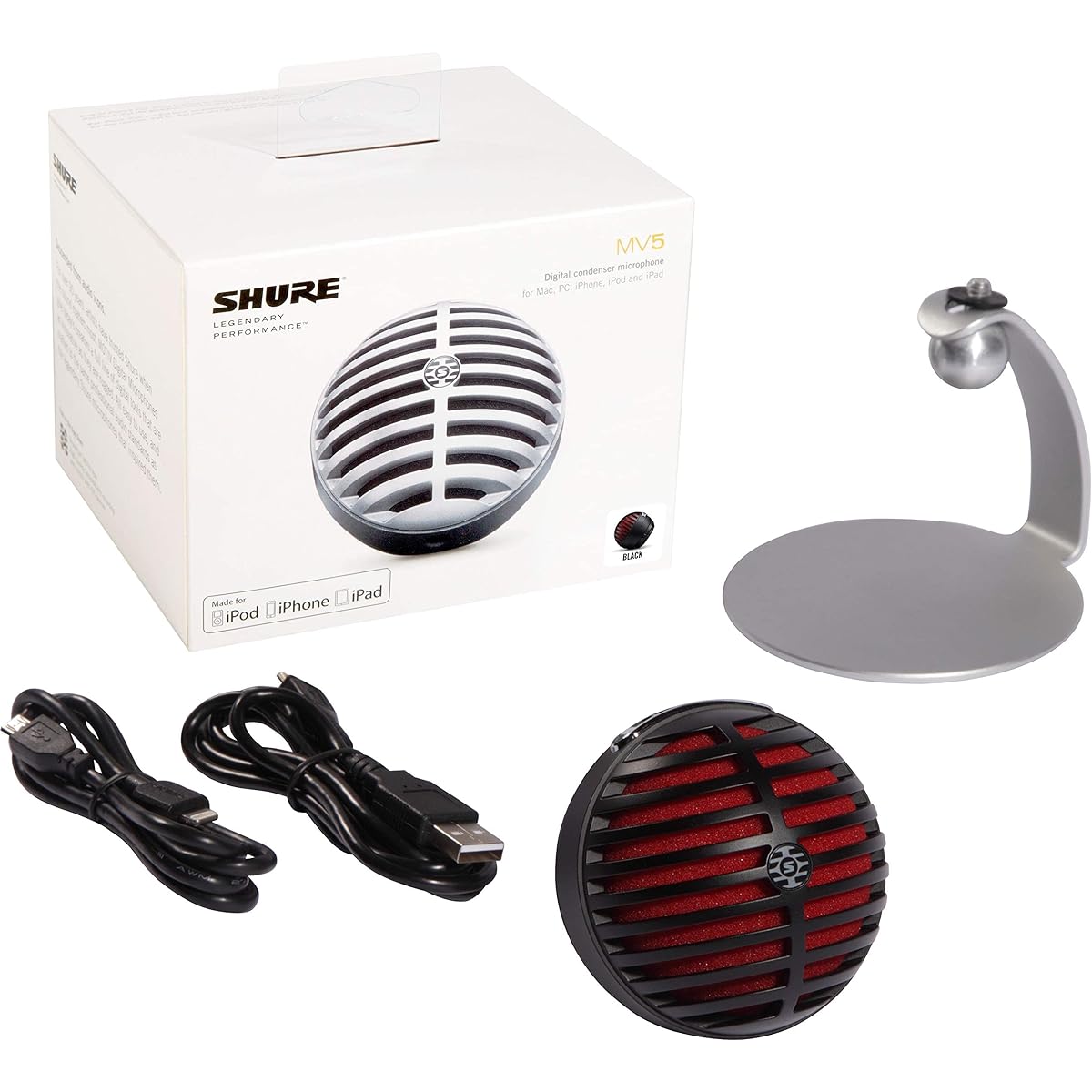 Shure MV5 Digital Condenser Microphone (Black) + USB & Lightning Cable by Shure