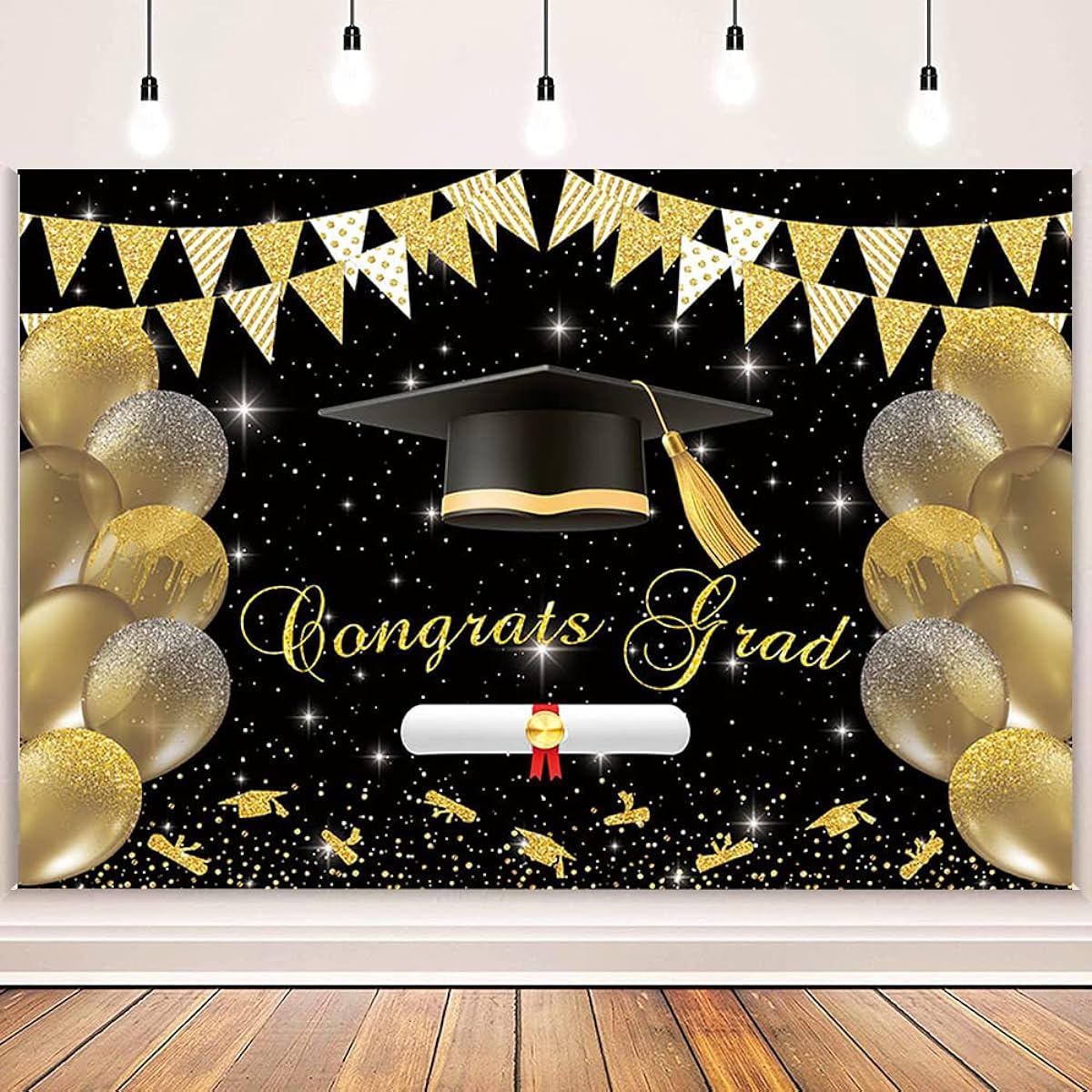 AIBIIN Graduation Banner 7x5ft Graduation Banner Backdrop Graduation Banner 2023 Graduation Decorations Black & Gold Graduation Decorations 2023 Graduation Backdrop 2023