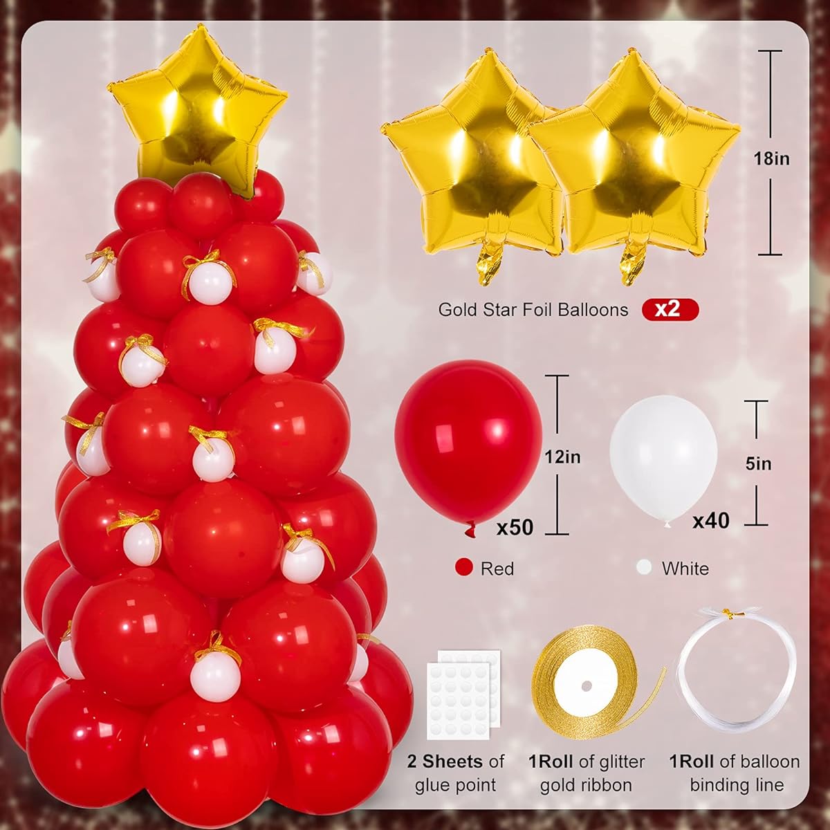 Whaline Christmas Balloon Garland Arch Kit Red Christmas Tree Balloons Star Balloons with Glitter Gold Ribbon 18 Inch Foil Gold Star Balloons Red White Latex Balloons for Party Decorations 95 Pieces