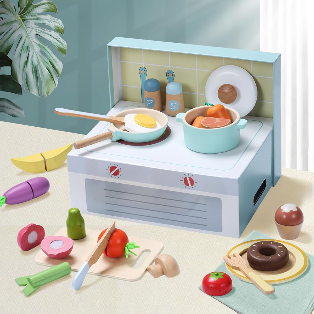 Giant bean Wooden Food Pretend Play Set, Pretend Kitchen Accessories, 54 Items (78 Pieces in Total), Pretend Cooking Toy, Vegetables, Fruits, Cutting Toy, Pretend Play Tableware, Educational Toy for Toddlers, 1-6