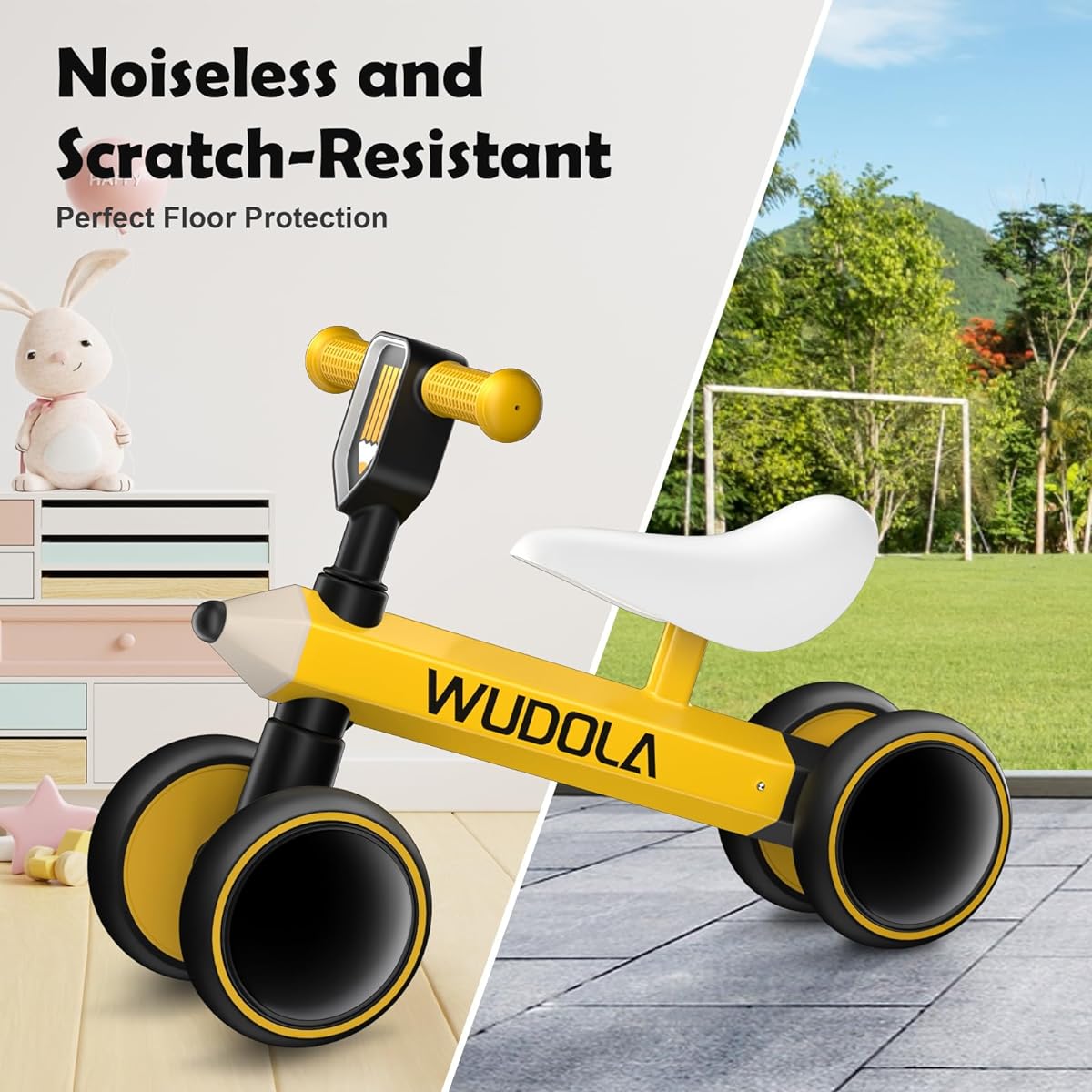 Wudola Baby Balance Bike Toy, Gift for 1 Year Old Boy/Girl, Toddler Balance Bike for 10-36 Months, No Pedals, 4 Wheels & Soft Seat Toddler Bike, Yellow
