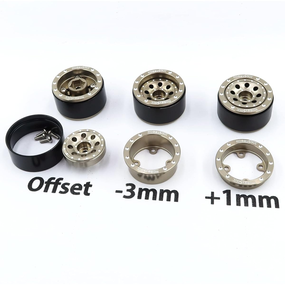 HOBBYSOUL 1.0 Tires & Heavy Adjustable Offset 1.0 Beadlock Wheels Champagne Color Minus Offset 1/24 Wheel Tires for 1:24 RC Crawler Axial SCX24 (Pack of 4 Assembled)