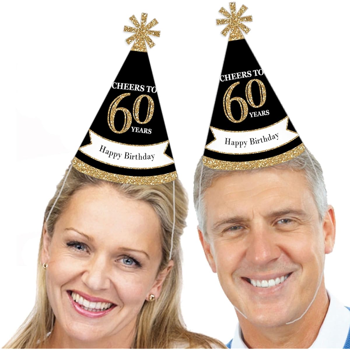 Adult 60th Birthday - Gold - Cone Birthday Party Hats for Kids and Adults - Set of 8 (Standard Size)