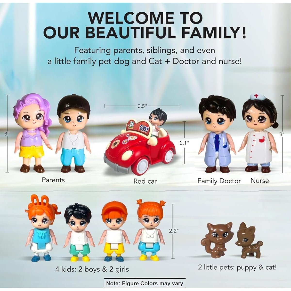 Family Figures Set - Dollhouse Dolls Dad, Mom, Siblings Boy, Girl, Cat, Puppy, Pets, Car - Little People Toys Play Dollhouse Accessories Kids Toy House Play Figures Playset