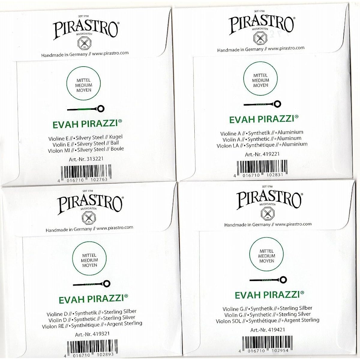 Violin strings Evah Pirazzi 4 string set (Silver E ball, A D G)