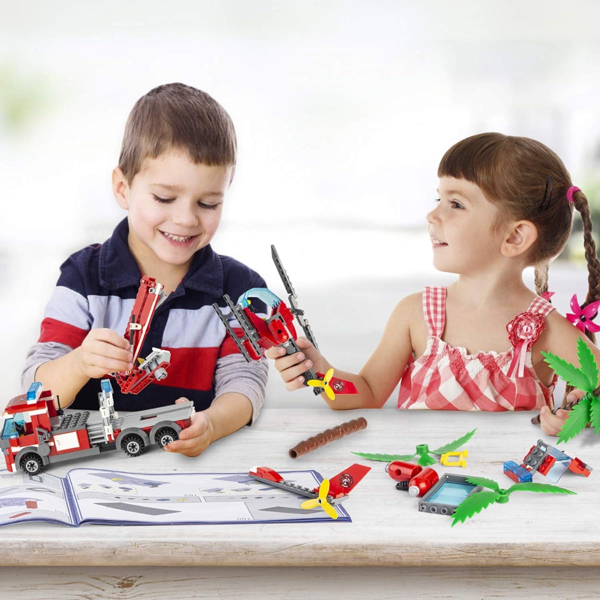 QLT QIAOLETONG STEM City Fire Station Building Blocks Fire Truck Fire Helicopter Firefighter Building Kit for Boys and Girls Ages 6 7 8 9+ Buildable Toys Building Bricks Kits for Kids