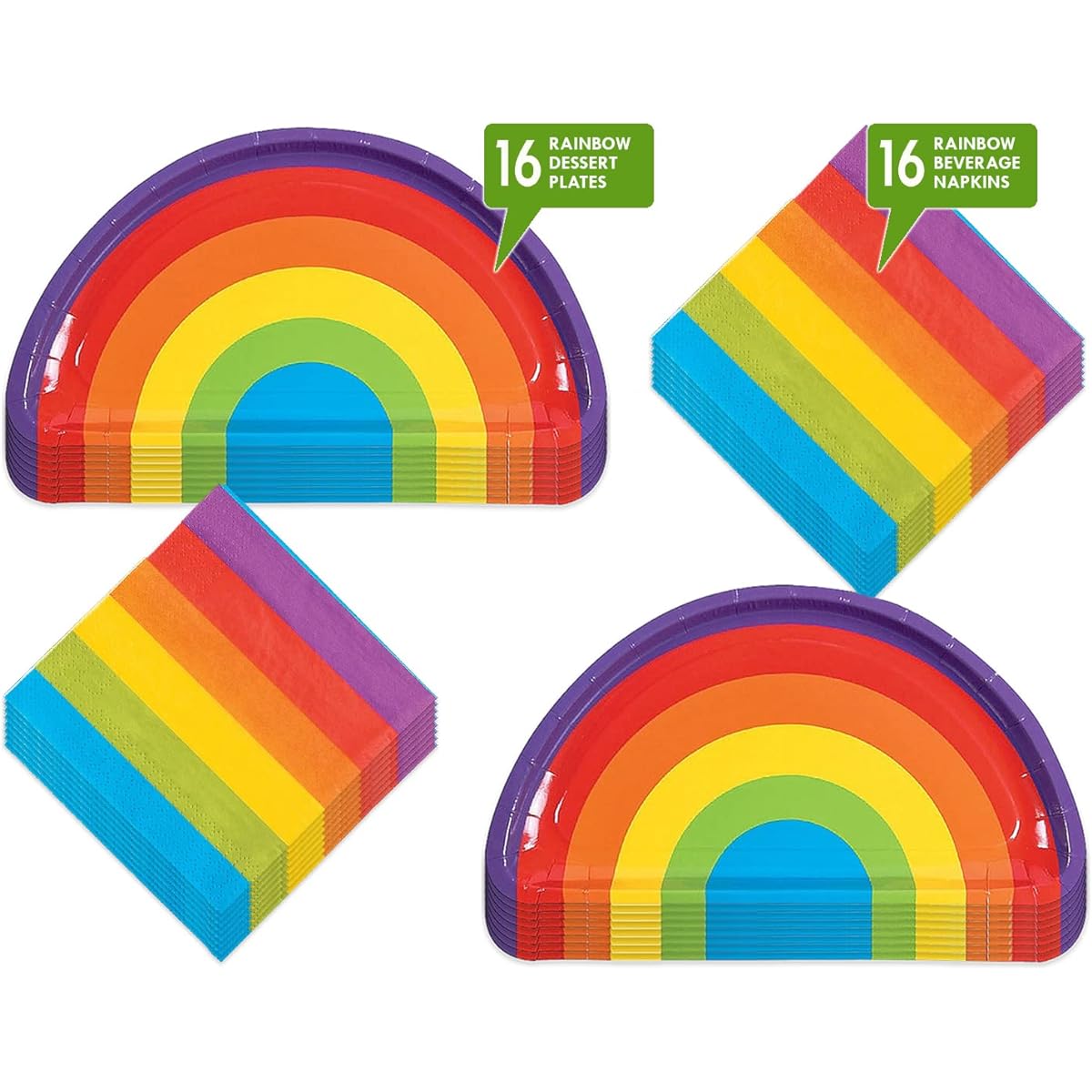 Rainbow Party Supplies – Plates, Drinks Napkins and Table Covers (bright rainbow-shaped paper dessert plates and drink napkins)