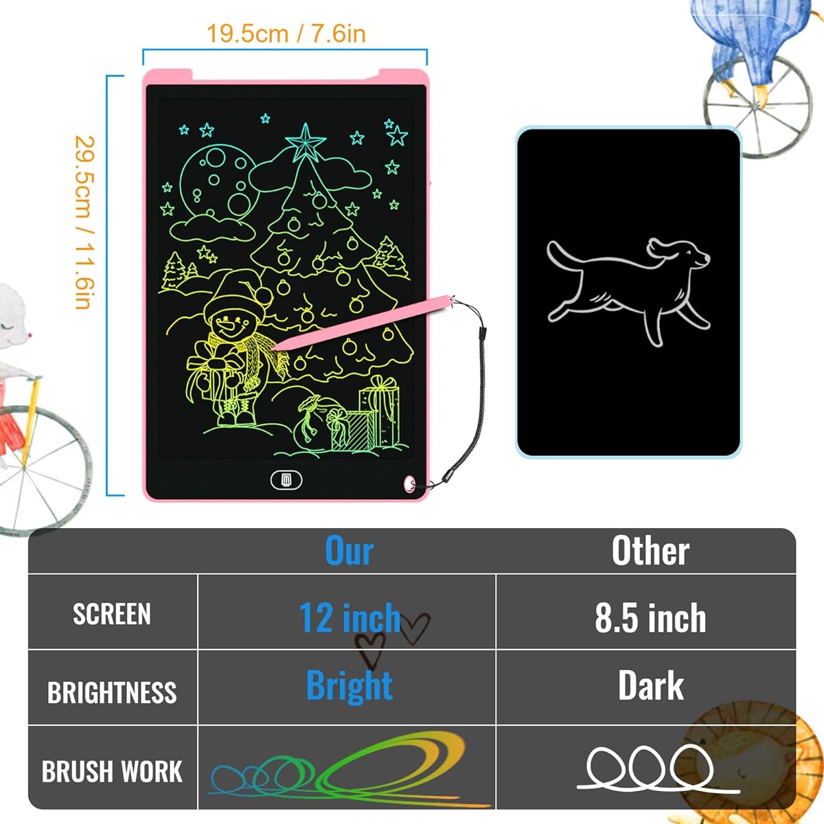 2 Pack 12" LCD Writing Tablet, Airtight Colorful Doodle Board with Eye Protection, Lock & Erase Function, Birthday Gifts and Toys for 3 4 5 6 7 8 Year Old Boys and Girls - Pink & Blue