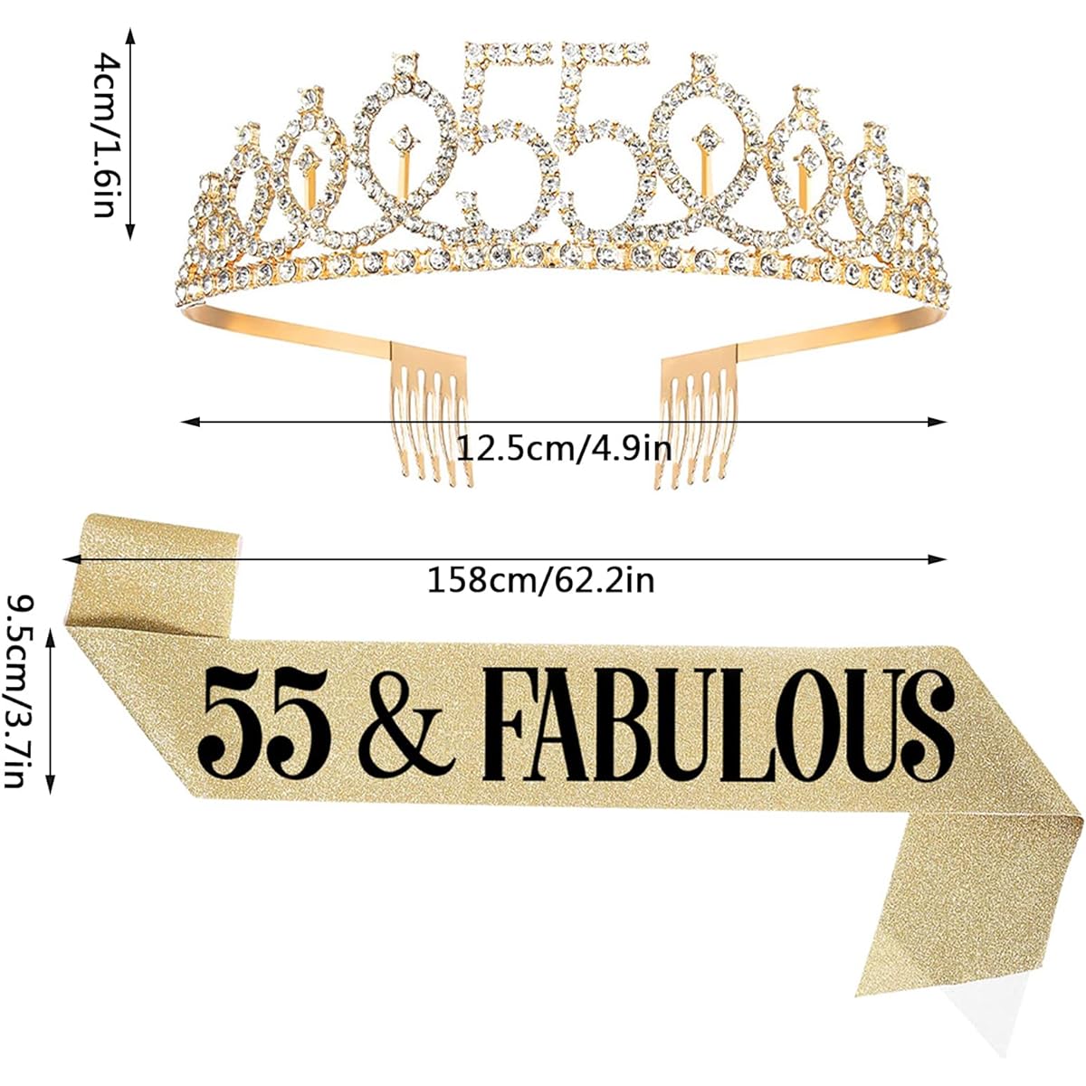 UVATAHONA 55th Birthday Sash and Tiara for Women 55 & Fabulous Sash and Crown 55th Birthday Decoration Gift for Women Queen Party Favors Supplies Gold