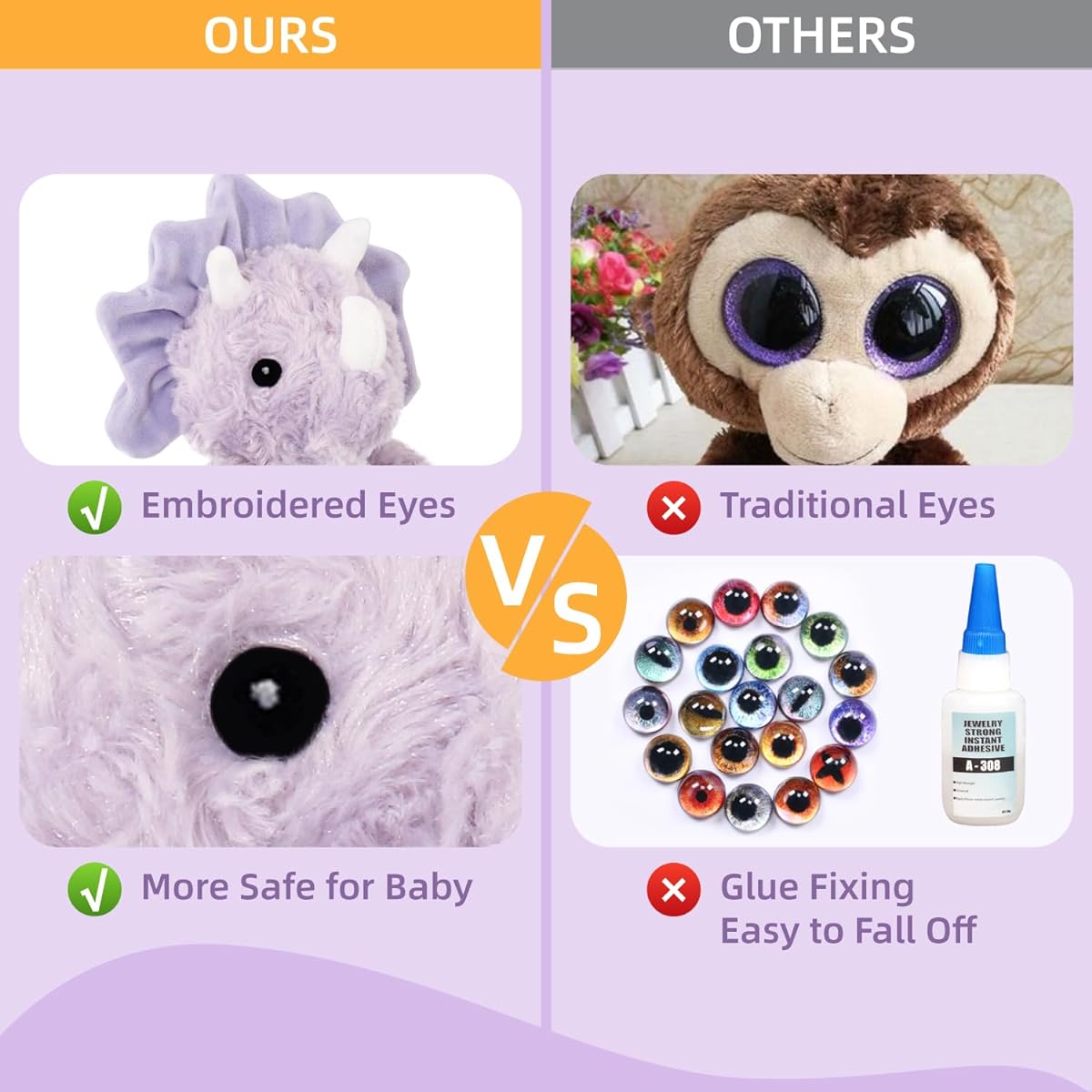 VANLINNY Cute Purple Plush Toy, Soft Huggable Dinosaur for Kids, Cuddly Triceratops Stuffed Animal for Toddlers and Preschoolers, Great Gift for Girls Ages 2-8
