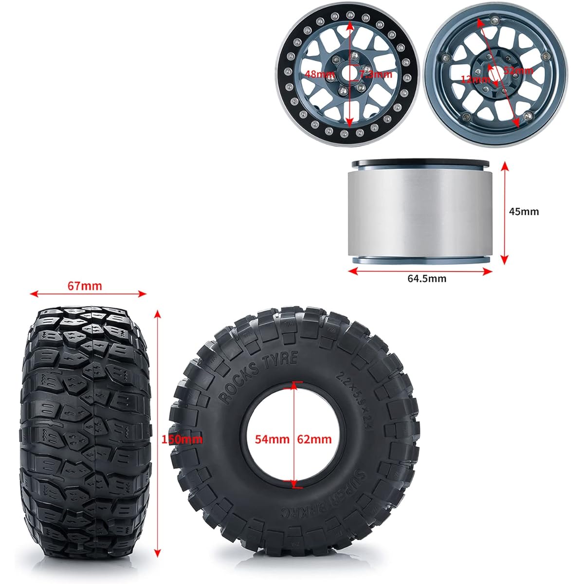 Que-T Wheel Tire Set, Set of 4 2.2" Wheel Rim Hub 150mm Rubber Tires for Axial RBX10 AXI03005 RR10 1/10 RC Crawler Car (Titanium Black)
