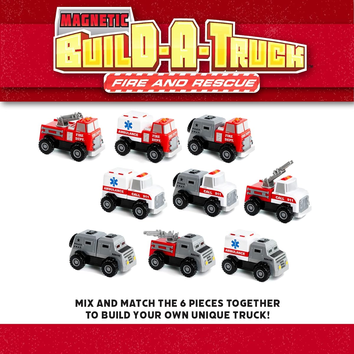 Magnetic Build-A-Truck Fire and Rescue Magnetic Toy Playset 6 Pieces