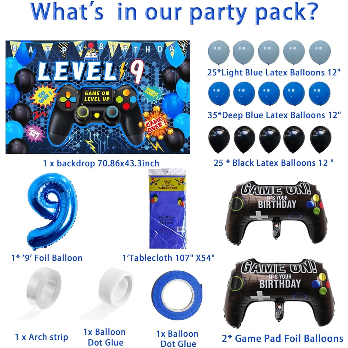Vlipoeasn 90 Pieces 9th Birthday Video Game Party Decorations Set for Boys Blue 9th Birthday Supplies 9 Year Old Video Game Background Balloons Tablecloth Gamer 9 Pieces Foil Balloons for 9th Birthday Party