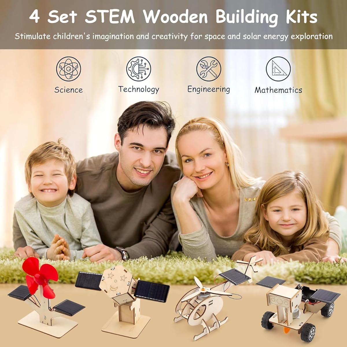 Solar Powered STEM Building Kit for Kids DIY 3D Wooden Puzzle Craft for 6-12 Year Old Boys Girls Educational Science Building Kit with 4 Models DIY Gift Toys Christmas Birthday