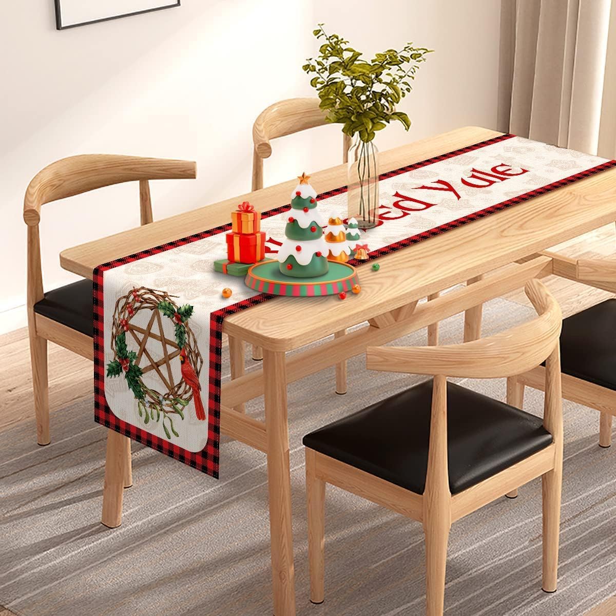 Blessed Yule Table Runner Buffalo Plaid Check Pagan Solstice Holiday Fireplace Kitchen Dining Home Decor (13" x 108")