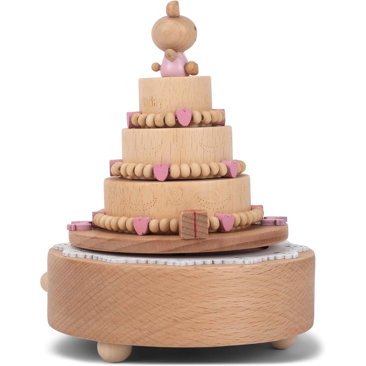 Cottage Garden Happy Birthday Cake Woodgrain 17" Beech Wind Up Musical Figure