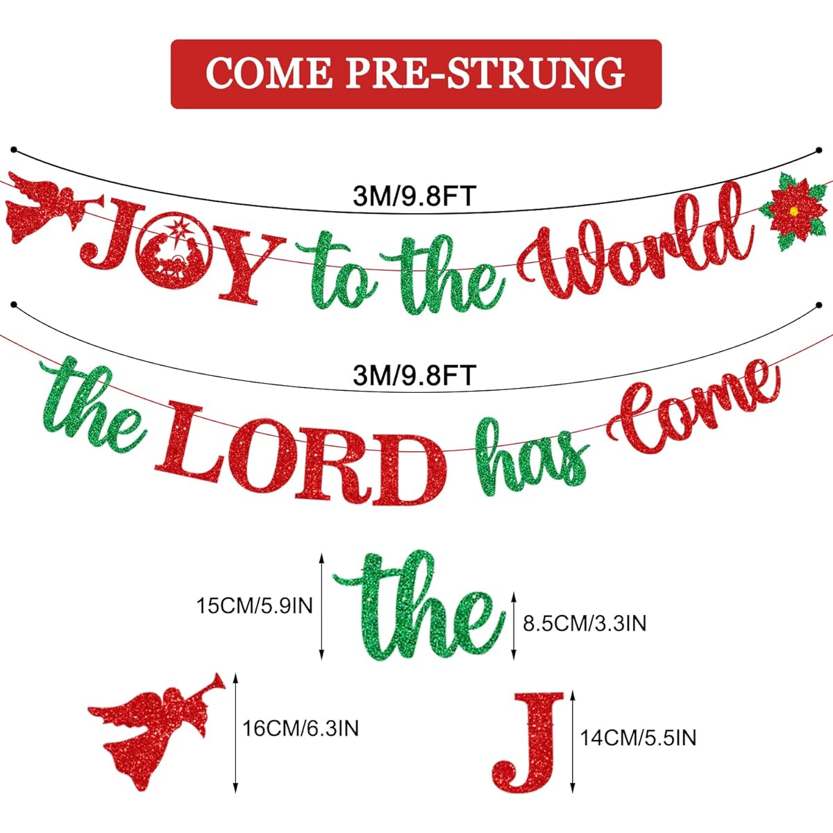 JKQ Red Green Glitter Joy to the World the Lord has Come Banner Christmas Nativity Scene Garland Banner Holy Family Christmas Jesus Nativity Party Decorations Owner Scene Religious Christmas Holiday Fireplace Mantle Supplies