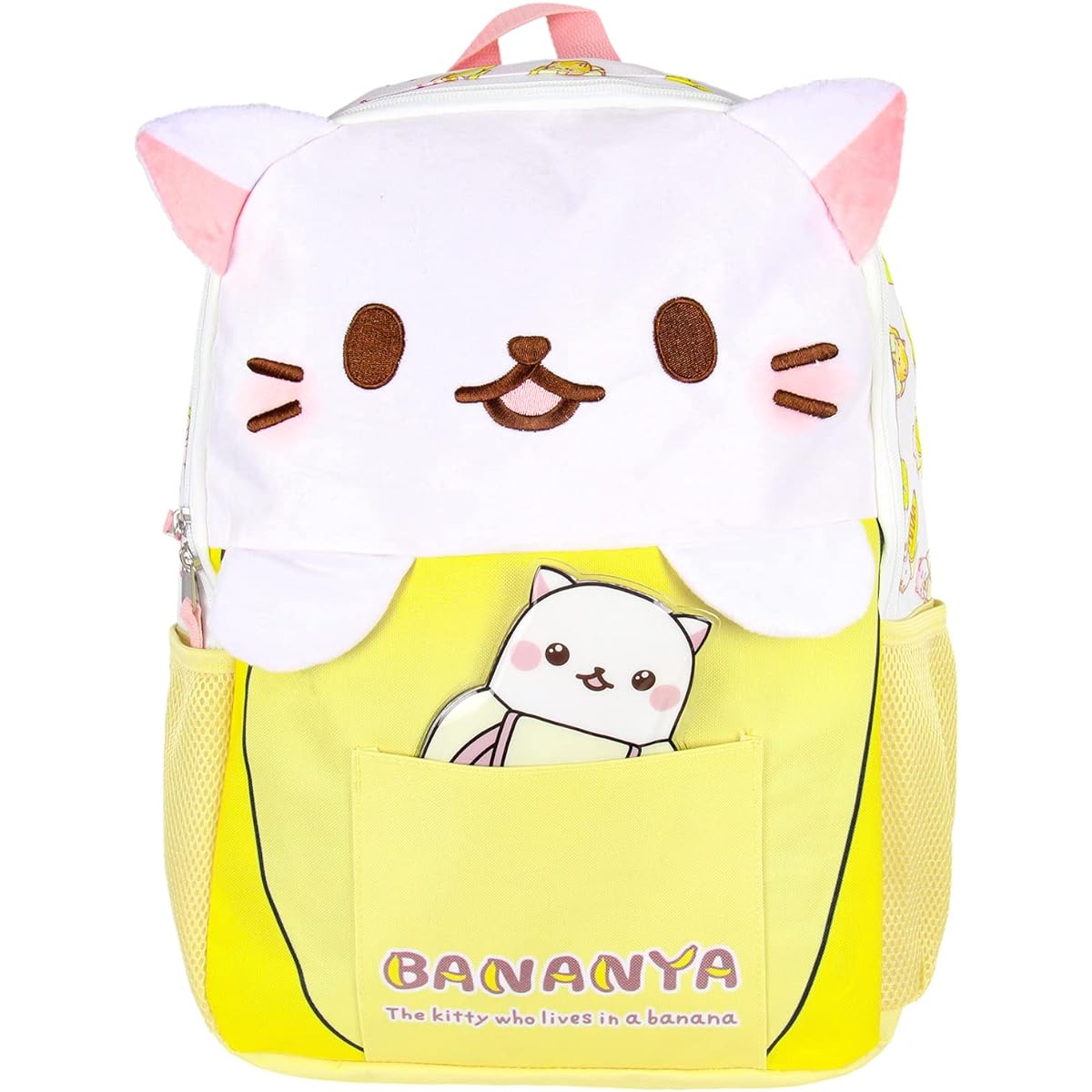 Bioworld Crunchyroll Bananya Plush 3D Cat Anime Cartoon 16" Backpack, Yellow/White, One Size, Japanese