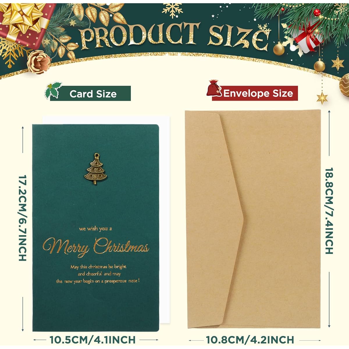 Christmas Cards with Envelopes, 12 Count Christmas Greeting Cards Bulk 4.3 x 7 Inch Gold Foil Merry Christmas Cards 2023 Vintage Dark Green Christmas Gift Cards for Family Friends Loved Ones