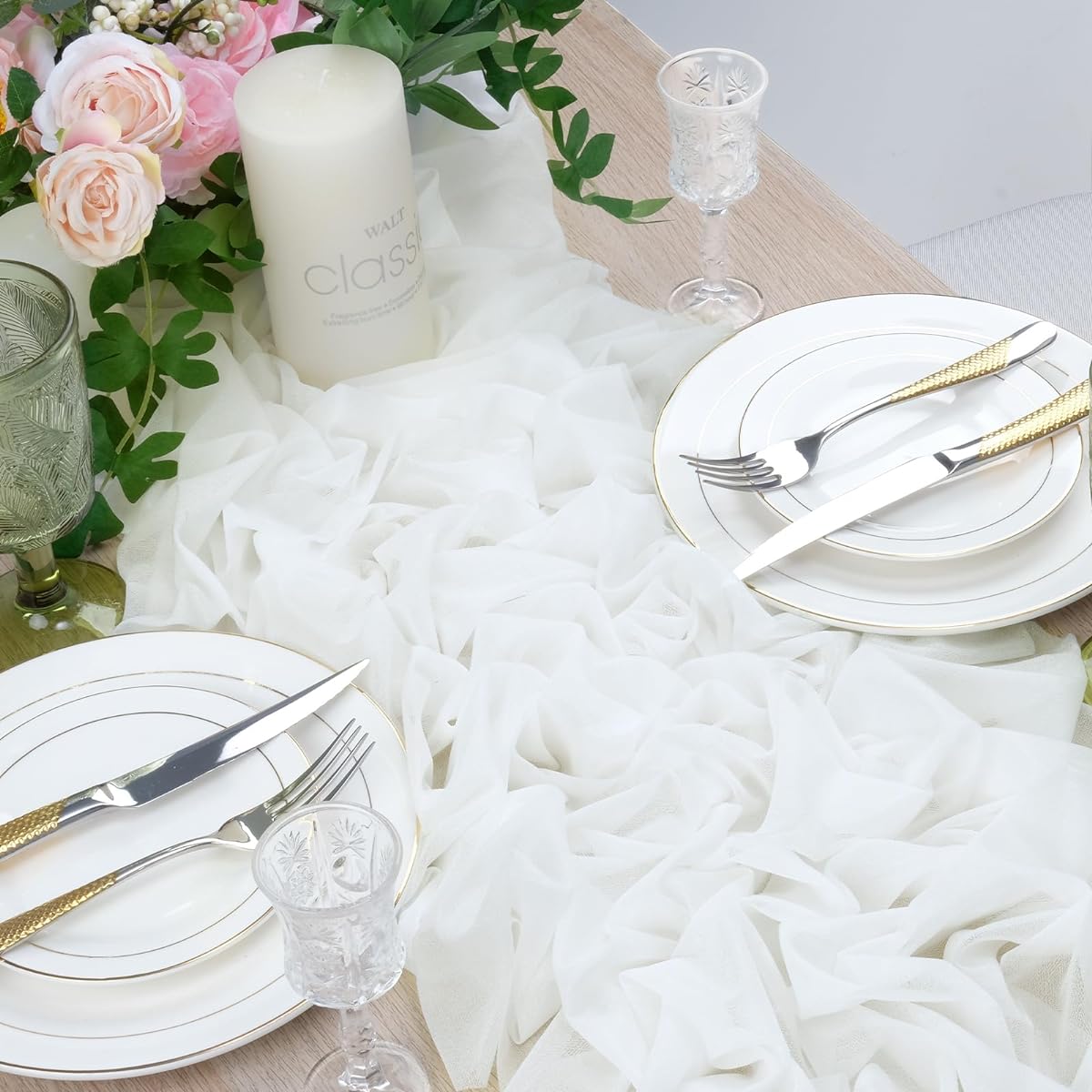 Babenest 13ft Dusty Ivory Table Runner 12 Pack 35x140 Inch Wedding Runner Sheer Thanksgiving Christmas Bridal Shower