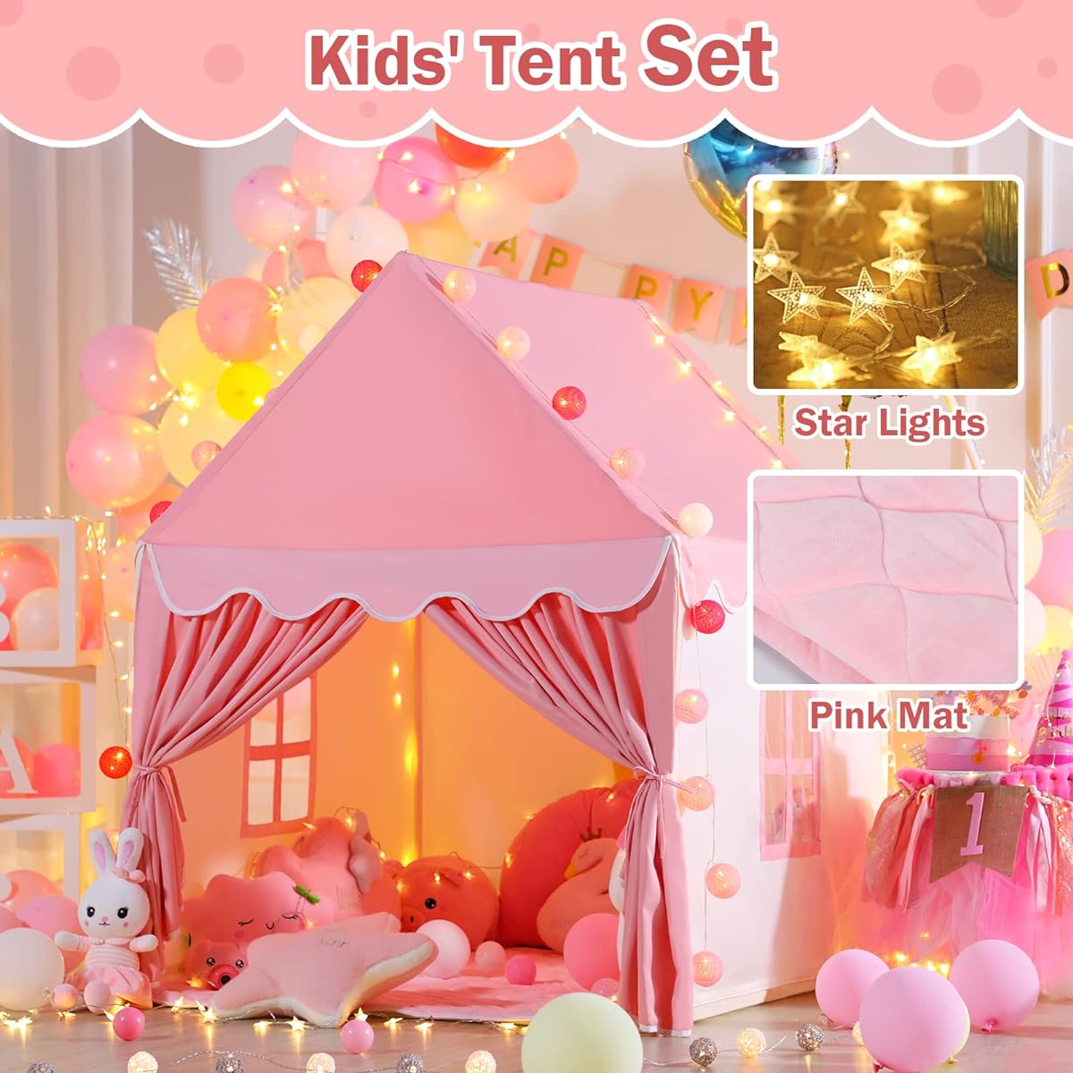 Wilwolfer Kids Tent with Mat, Starlight - Toddler Kids Play Tent Indoor Playhouse - Princess Tent for Girls Toy House Gift (Pink and Cloth)