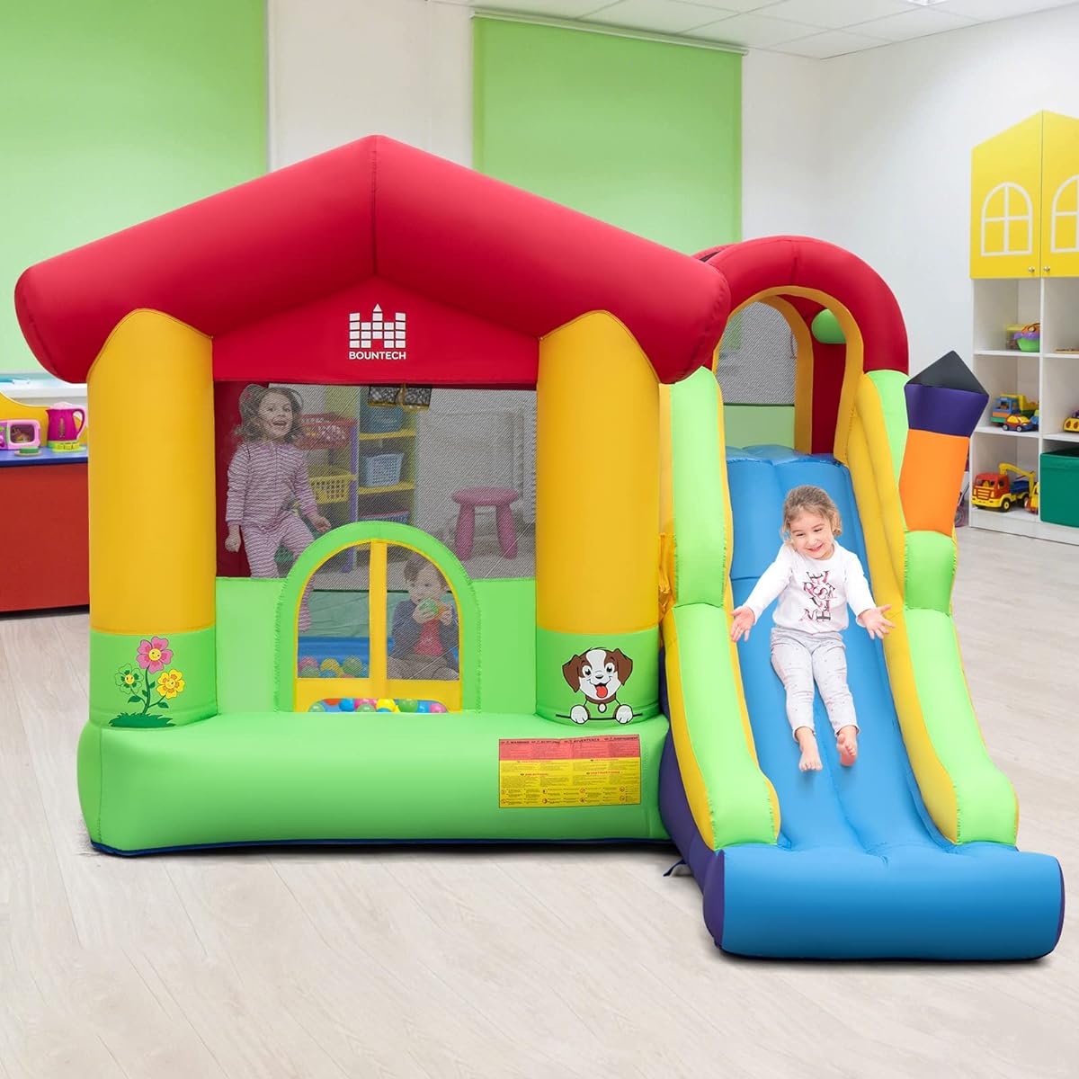 BOUNTECH Inflatable Bounce House Kids Bouncy House 5-12 Years Indoor Outdoor with Long Slide 735W Blower Climbing Wall Portable Toddler Bounce House Backyard Birthday Party Gift