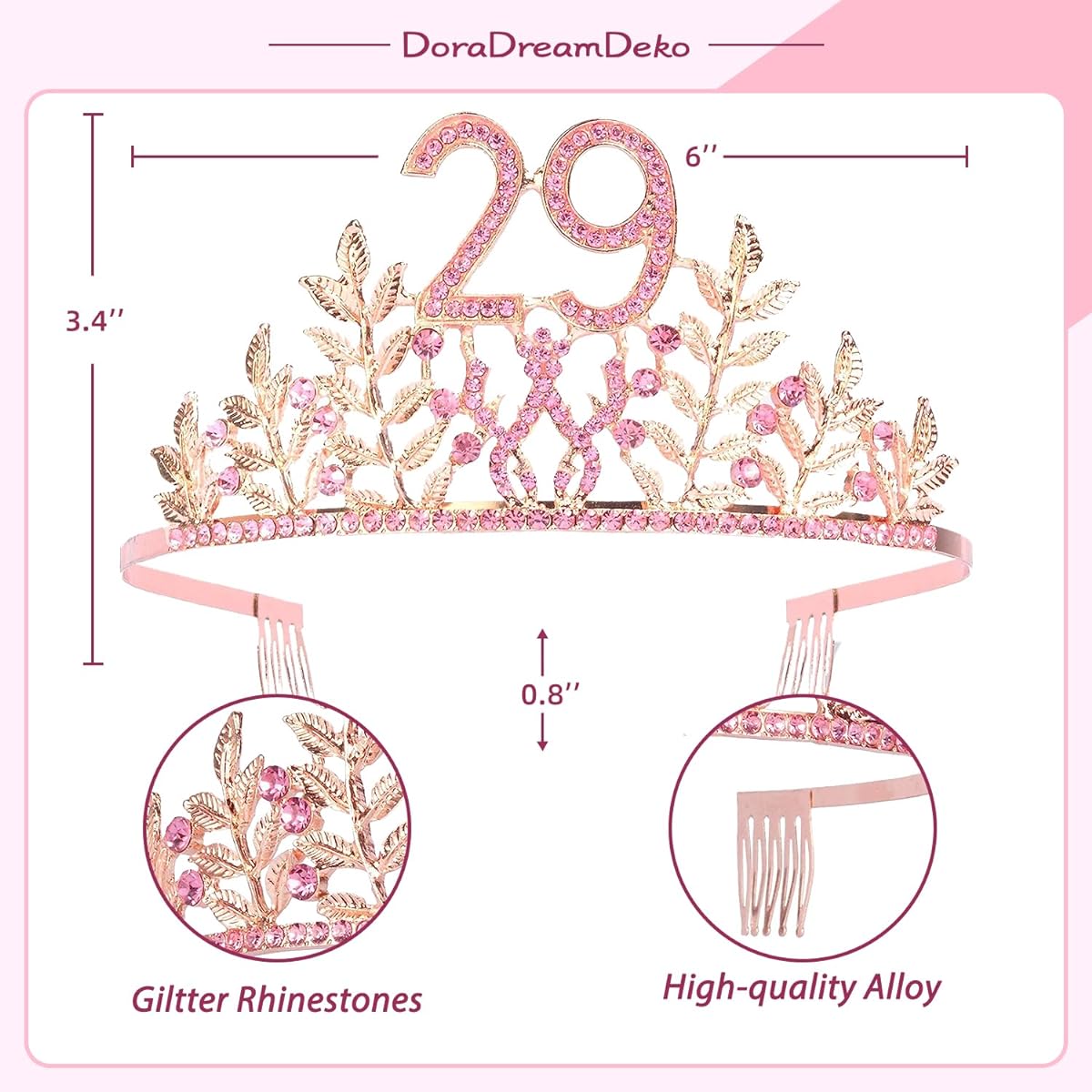 DORADREAMDEKO 29th Birthday Sash and Tiara for Women - Lovely Set: Glitter Sash + Leaf Rhinestone Pink Premium Metal Tiara for Women Gift for 29th Birthday Party