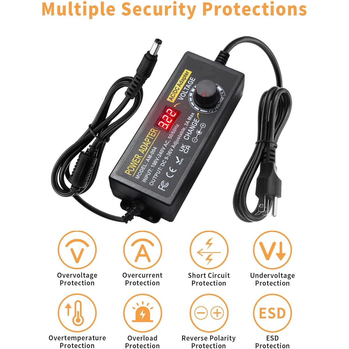 AOYADAISU 9~36V Adjustable Power Adapter - 108W 3A Universal Power Supply with 14 Chips - 100-240V 50-60Hz AC to DC Power Converter for LED Strip Light Router CCTV Camera