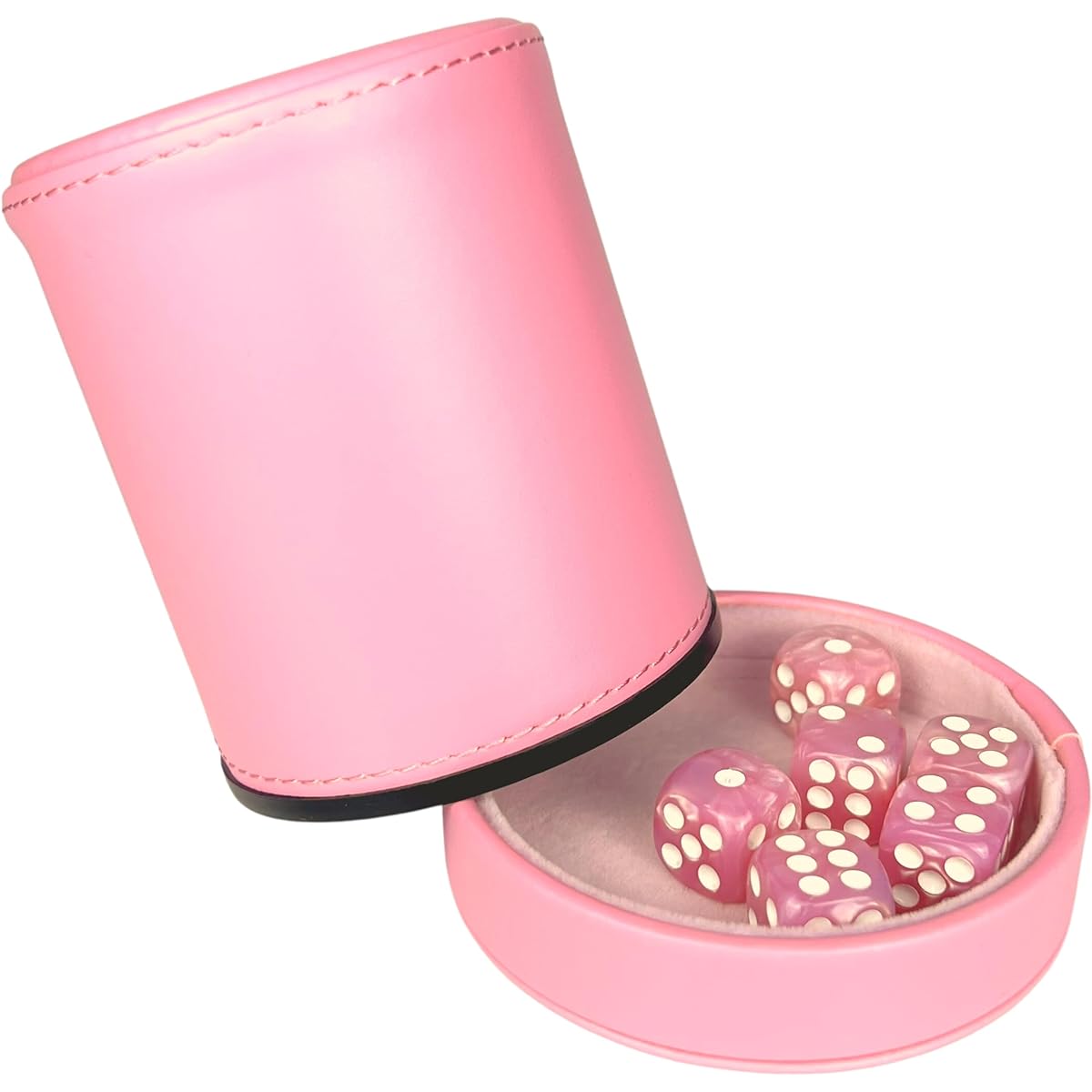 Luck Lab Pink Leather Dice Cup with Lid and 6 Matching Pearl Dice - Quietly Rocking Inside the Pink Velvet Interior - for Liars Dice Farkle Yahtzee Board Game