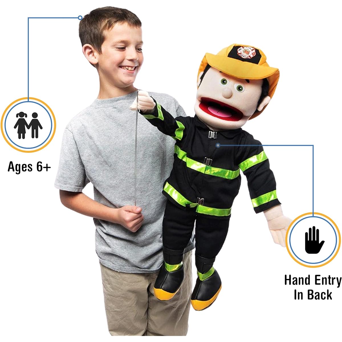 25 Fireman, Peach Male, Full Body, Ventriloquist Style Puppet by Silly Puppets