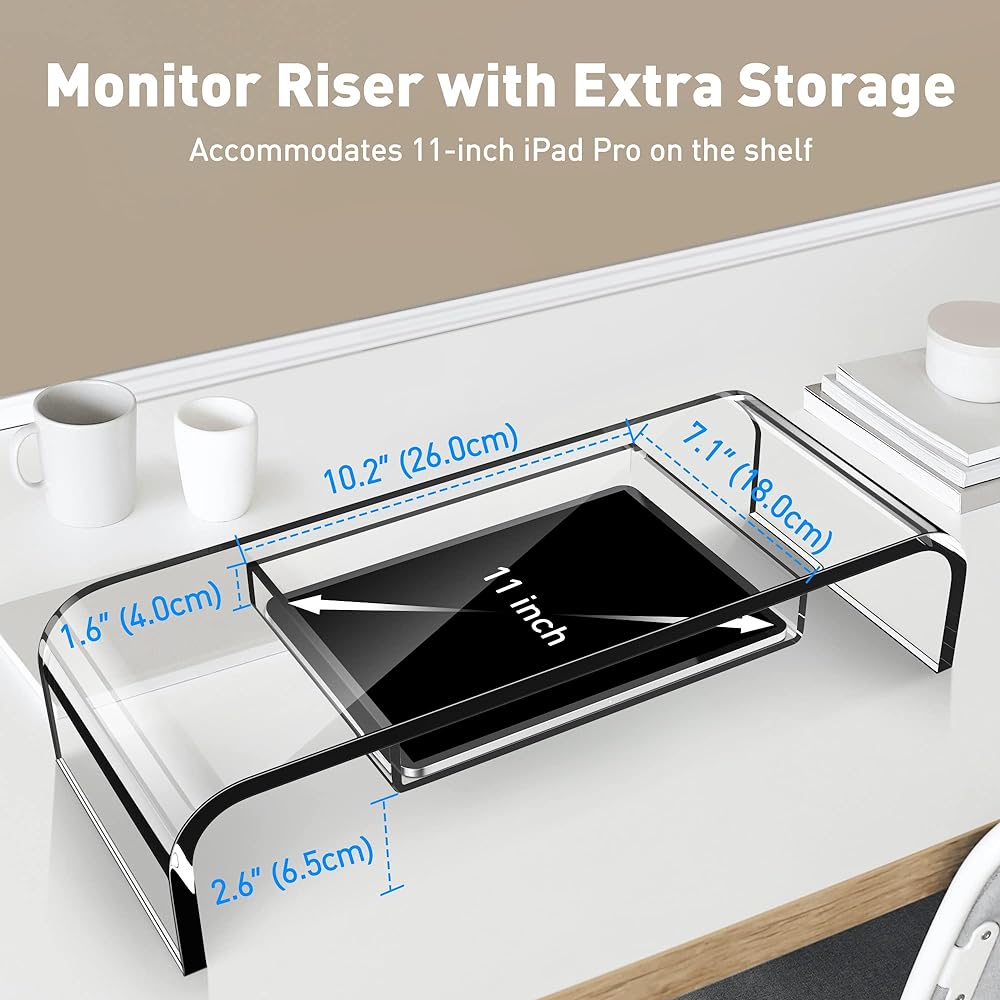 DeskLogics Computer Acrylic Monitor Stand Storage with Riser - Large Size Single Clear PC Desktop Monitor Holder for Desk, Keyboard Storage, Laptop, TV Screen, Home, Office, Gift Idea