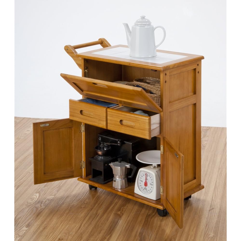 Otake Sangyo Kitchen Wagon with Casters Natural Wooden Top Plate Tile 60cm x 30cm x 72cm Paulownia Flap Type Kitchen Wagon Storage Rack Wagon with Casters Rack with Casters