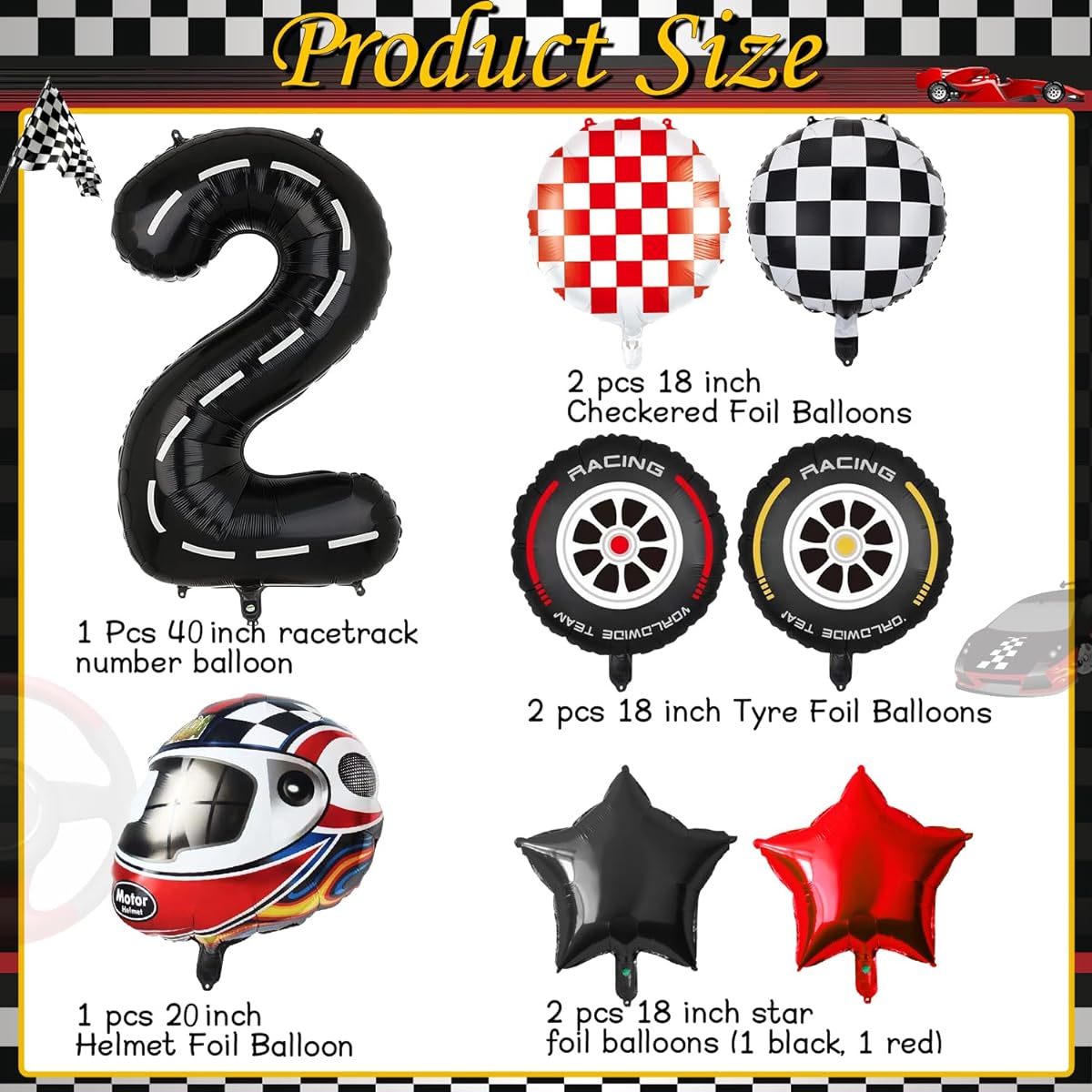 Race Car Balloons - 2nd Birthday Balloons, Number 2 Balloons, Star Balloons, Checkerboard Balloons, Helmet Balloons, Tire Balloons, Boys 2nd Birthday Decorations, Race Car Birthday Party Supplies
