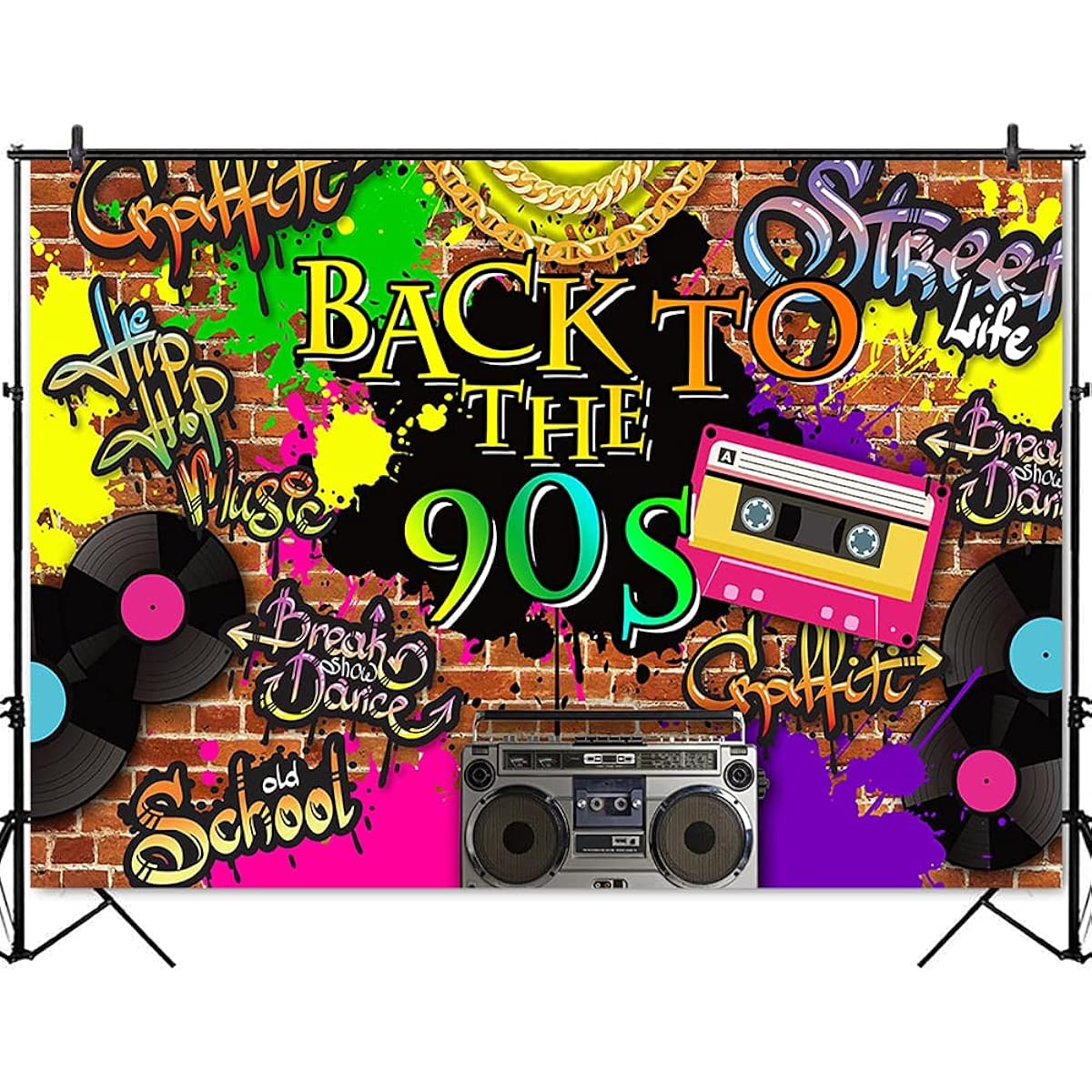 Mehofoto 90s Backdrop Hip Hop Graffiti Brick Wall Retro Radio Fashion Photography Background 7X5FT Vinyl 90s Theme Party Banner Decorative Backdrop