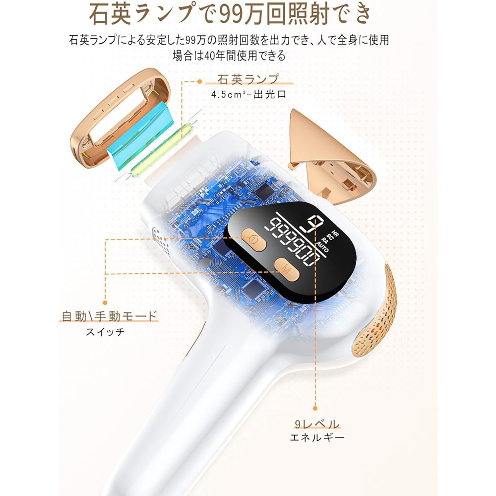 YOZEE Hair Removal Device, Datsumouki, Women's, Men's, IPL Hair Removal Device, Datsumouki, Home Use Hair Removal Device, 990,000 Irradiations, HR/SC/RA Function, Lightweight, 9 Level Adjustment, Beard VIO Compatible, Manual/Auto Mode, Optical Beauty Dev