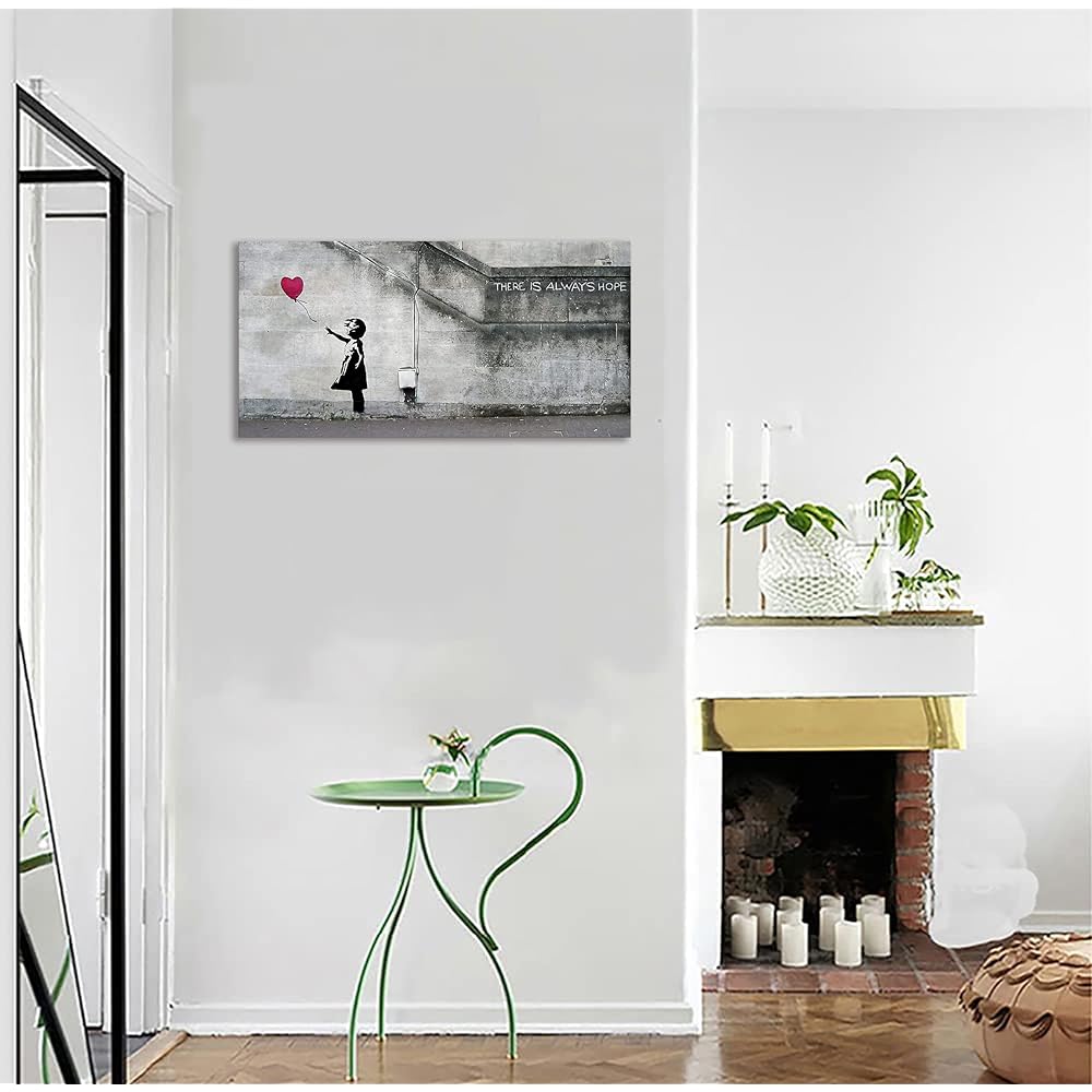 Banksy Red Balloon and Girl Art Panel Large Banksy Monochrome Poster Painting Wall Hanging Room Decoration Bath Entrance Finished Product with Wooden Frame (40x80cm)