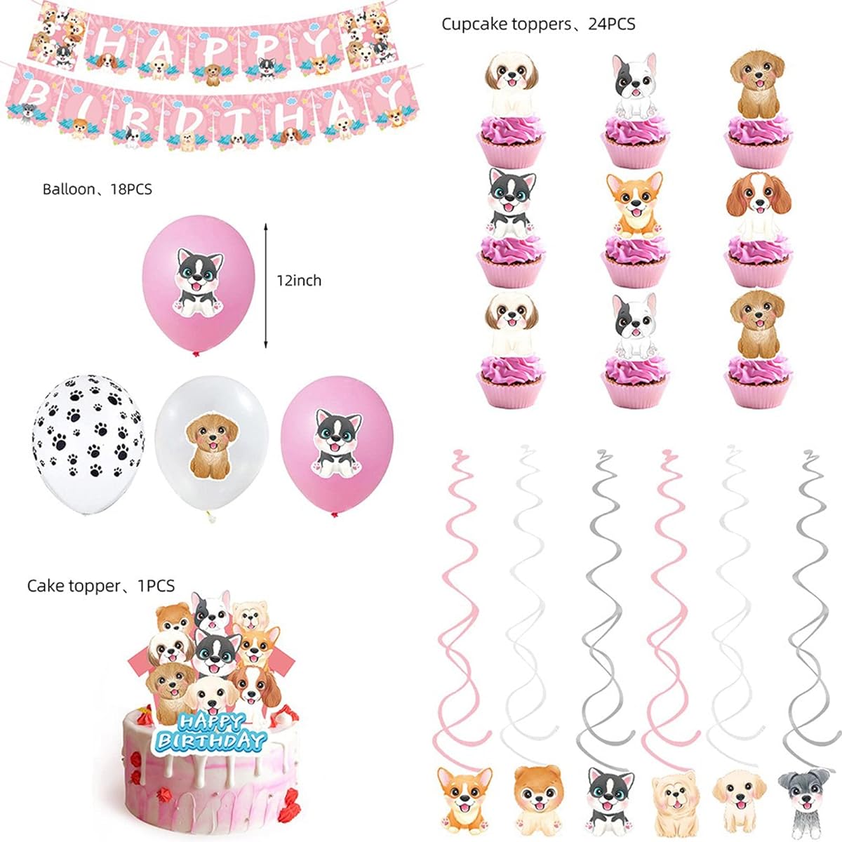 ANZMENG 50 Dog Birthday Decorations, Birthday Banner, Cake Topper, Cupcake Topper, Balloons, Dog Paw Swirls, Printed Birthday Party Supplies, Baby Shower Decorations