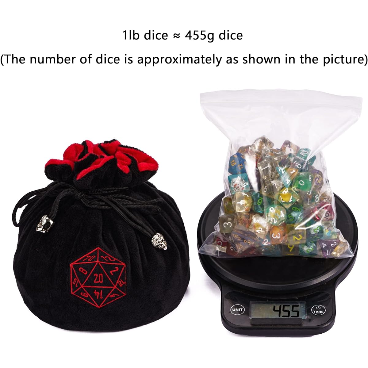 KSNDie Large Dice Bag with Pocket Black Storage Bag D20 Logo for DND RPG MTG Game Dice (Includes 1lb Random DND Dice)
