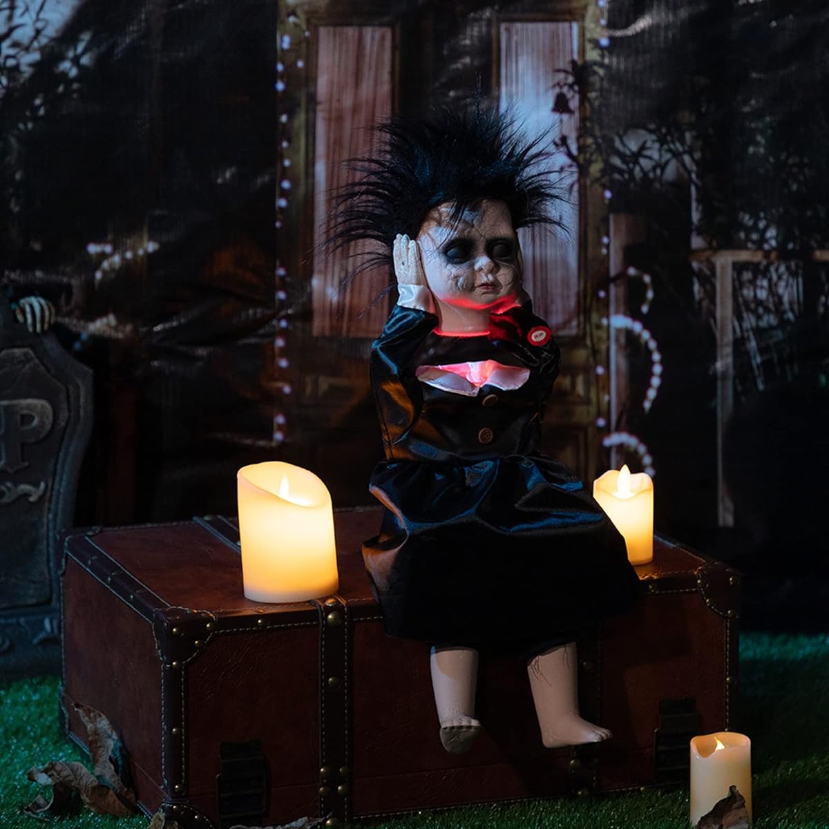 HollyHOME Halloween Decorations, Creepy Animated Ghost Doll Props with Moving Head, Halloween Gifts, Black