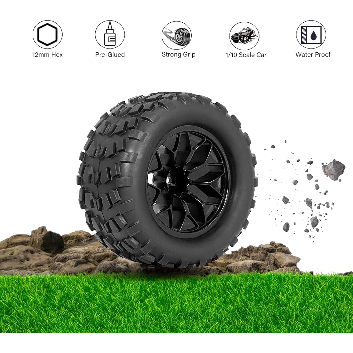 RCMOXETO 4pcs 12mm Hexagon RC Tires and Wheels, 1/10 Scale RC Truck Buggy Tires, Pre-Glued RC Tires and Rims with Foam Inserts for Traxxas Rustler VXL Stampede Redcat Volcano EPX Pro Blackout XTE etc