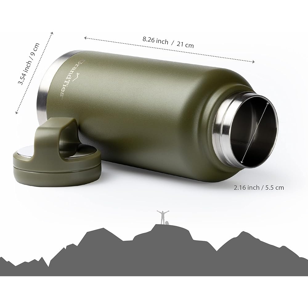 GRANDTIES Premium Water Bottle Mug Bottle Vacuum Insulated Stainless Steel Wide Mouth Bottle Big Size 946ml - Comes with 2 types of lids & Easy to clean large opening (olive green)