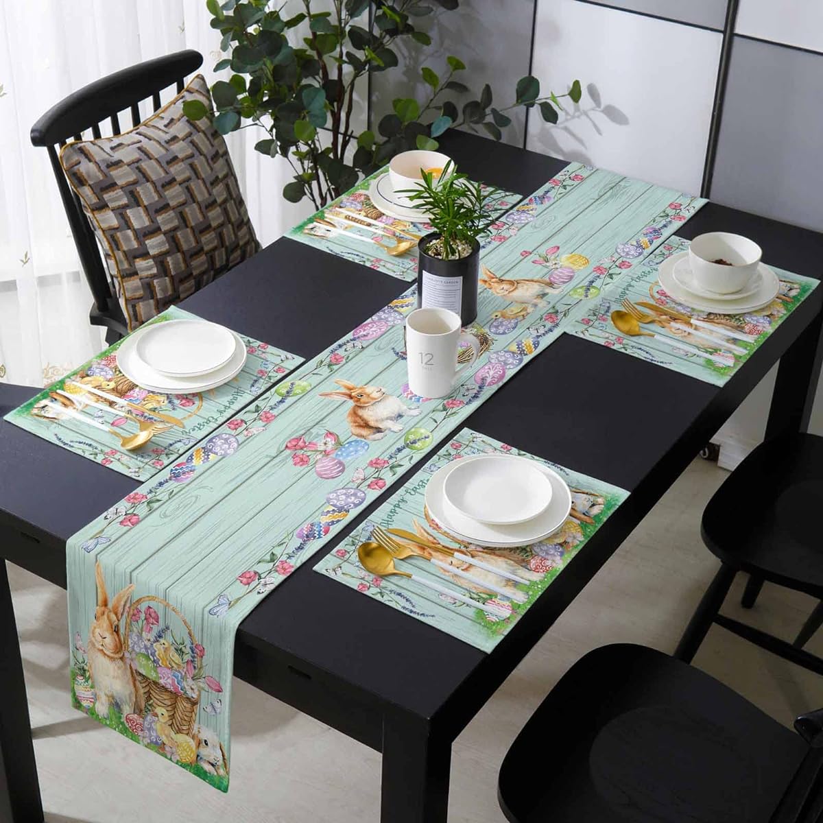 Happy Easter Eggs Rabbit Placemats Set of 6 Cute Bunny Cotton Linen 90" Long Table Runner Heat Resistant Matching Table Mat Set for Dining Table/Kitchen/Outdoor/Indoor Use Teal Green