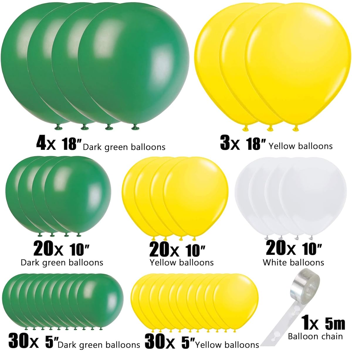 Toylin Retro Green Yellow Balloon Garland Arch Kit, 18" 10" 5" Green and Yellow White Balloons, Green Balloon Set for Wedding Birthday Balloons Baby Shower Decorations
