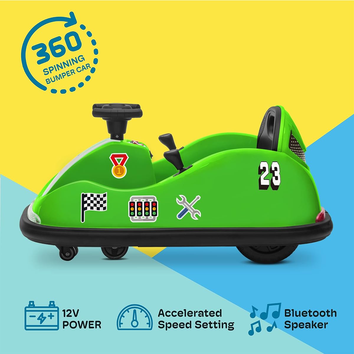 Kidzone 12V 2 Driving Modes (Steering Wheel/Joystick) Ride On Bumper Car for Kids & Toddlers Age 1.5-6 DIY Stickers Baby Bumping Toy Gift with Remote Control LED Light 360 Degree Rotation