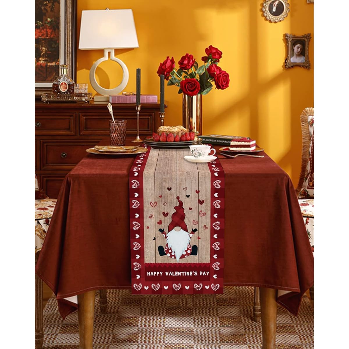 Valentine's Day Burlap Cotton Table Runner 90" Long, Gnomes Love Heart Red Farmhouse Table Runner Outdoor Dining Rustic Wood Table Runner Holiday Spring Tablecloth for Party/Wedding Decorations