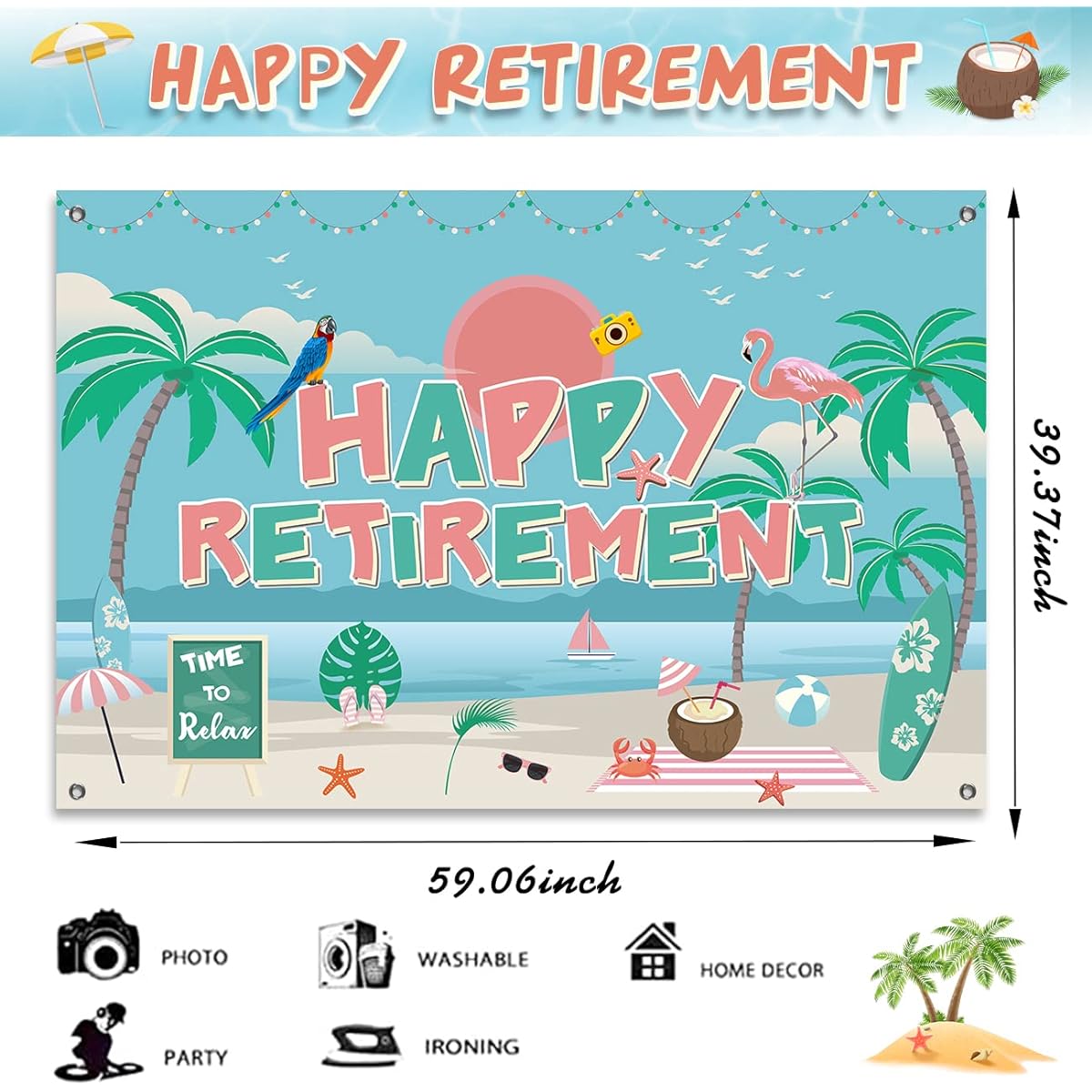 5 x 3ft Happy Retirement Banner Beach Theme Retirement Party Decoration Happy Retirement Sign Banner Photo Booth Goodbye Party Going Out Farewell Party Decor Supplies