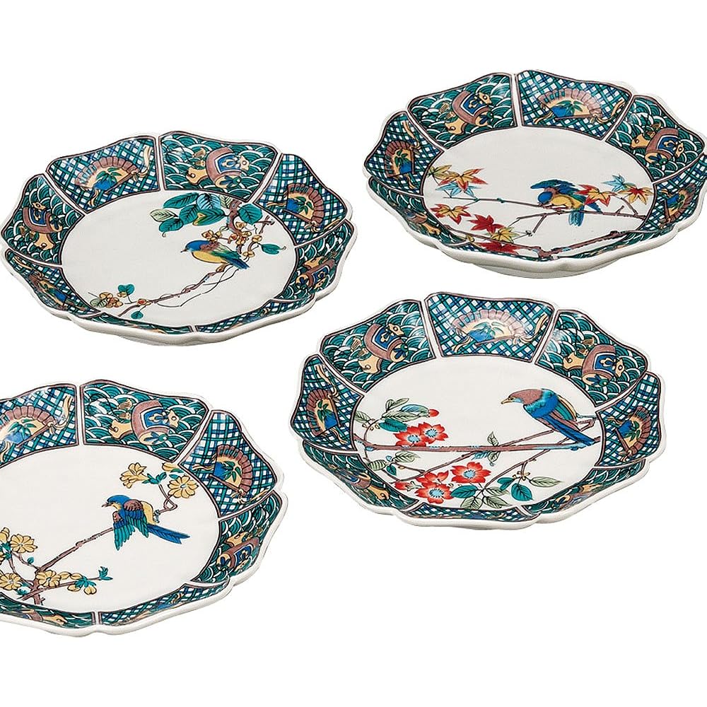 Japanese tableware, Kutani ware, set of 5 small plates, flower and bird pictures, AK5-0109
