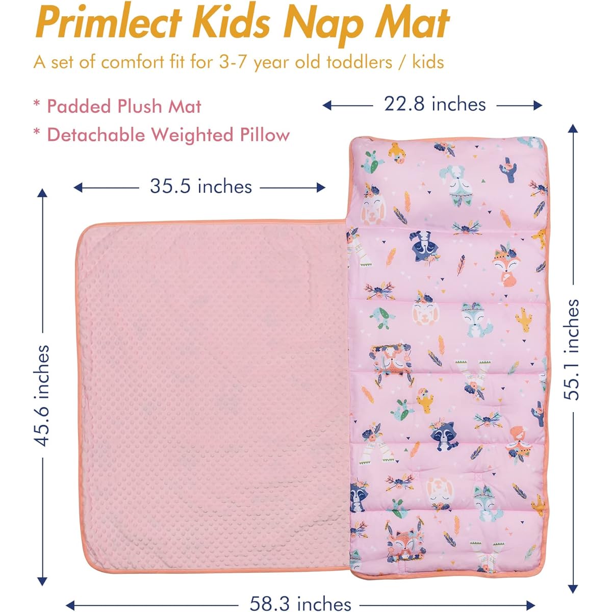 Nap Mat - Toddler Nap Mat with Pillow & Fleece Blanket - 55" x 23" x 2" Toddler Nap Mat - Nap Mat for Preschool, Daycare