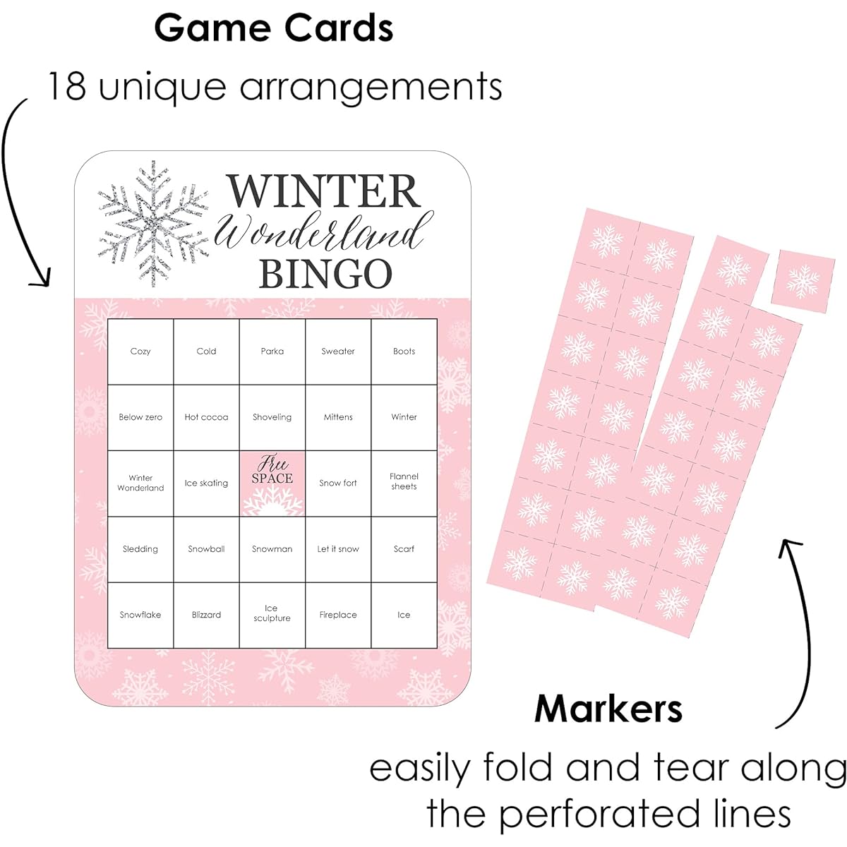 Big Dot of Happiness Pink Winter Wonderland - Bingo Cards and Markers - Holiday Snowflake Birthday Party Baby Shower Bingo Game - Set of 18