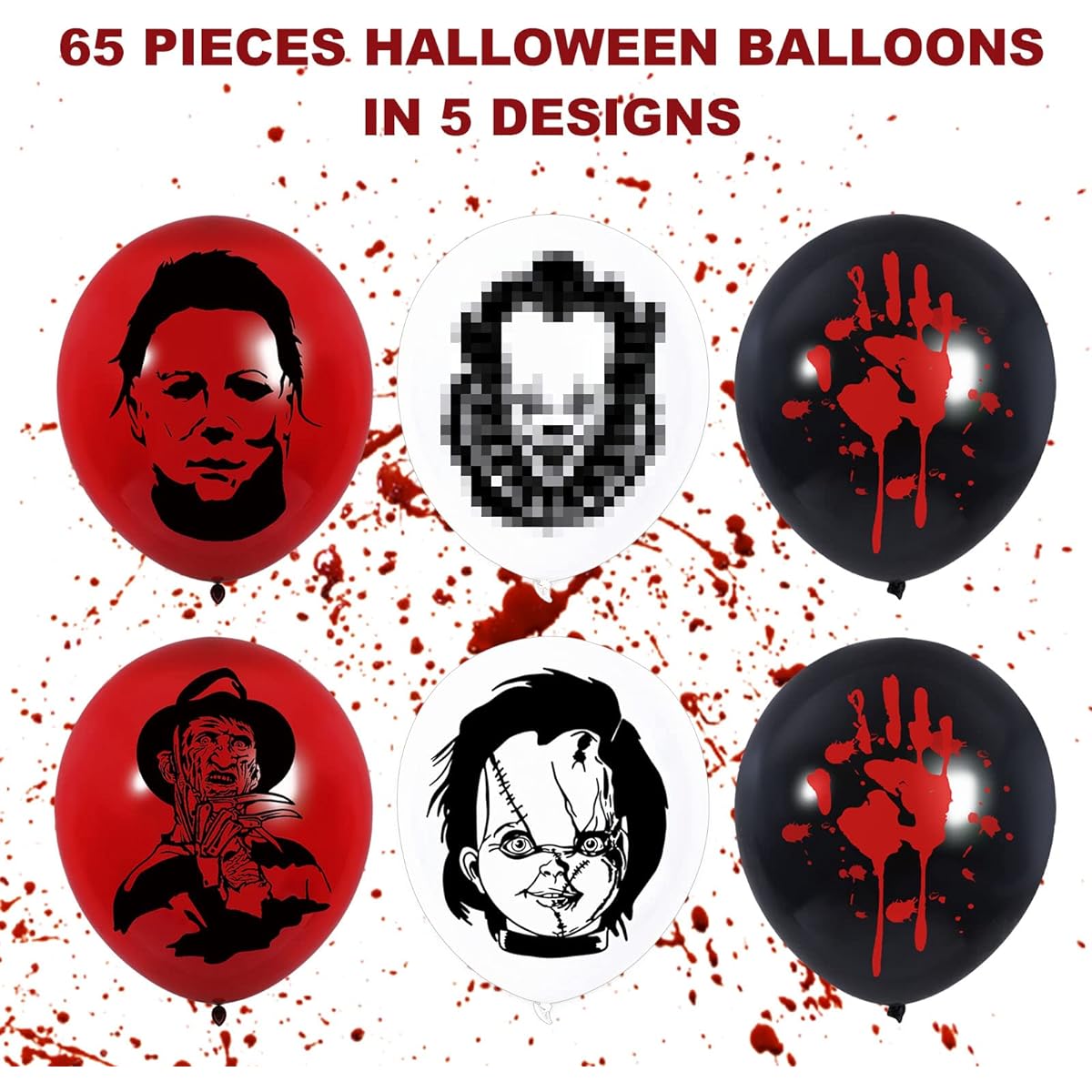 Whaline 65pcs Halloween Balloons Black White Red Blood Splatter Balloons Bloody Handprint Latex Balloons Scary Party Decorations Halloween Party Favors Haunted House Crime Scene Party Supplies